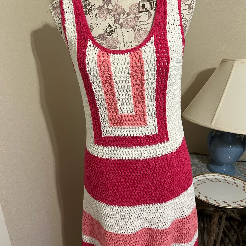 Trina Turk crocheted pink and white dress